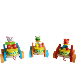 Дървена количка за дърпане - животни барабанисти